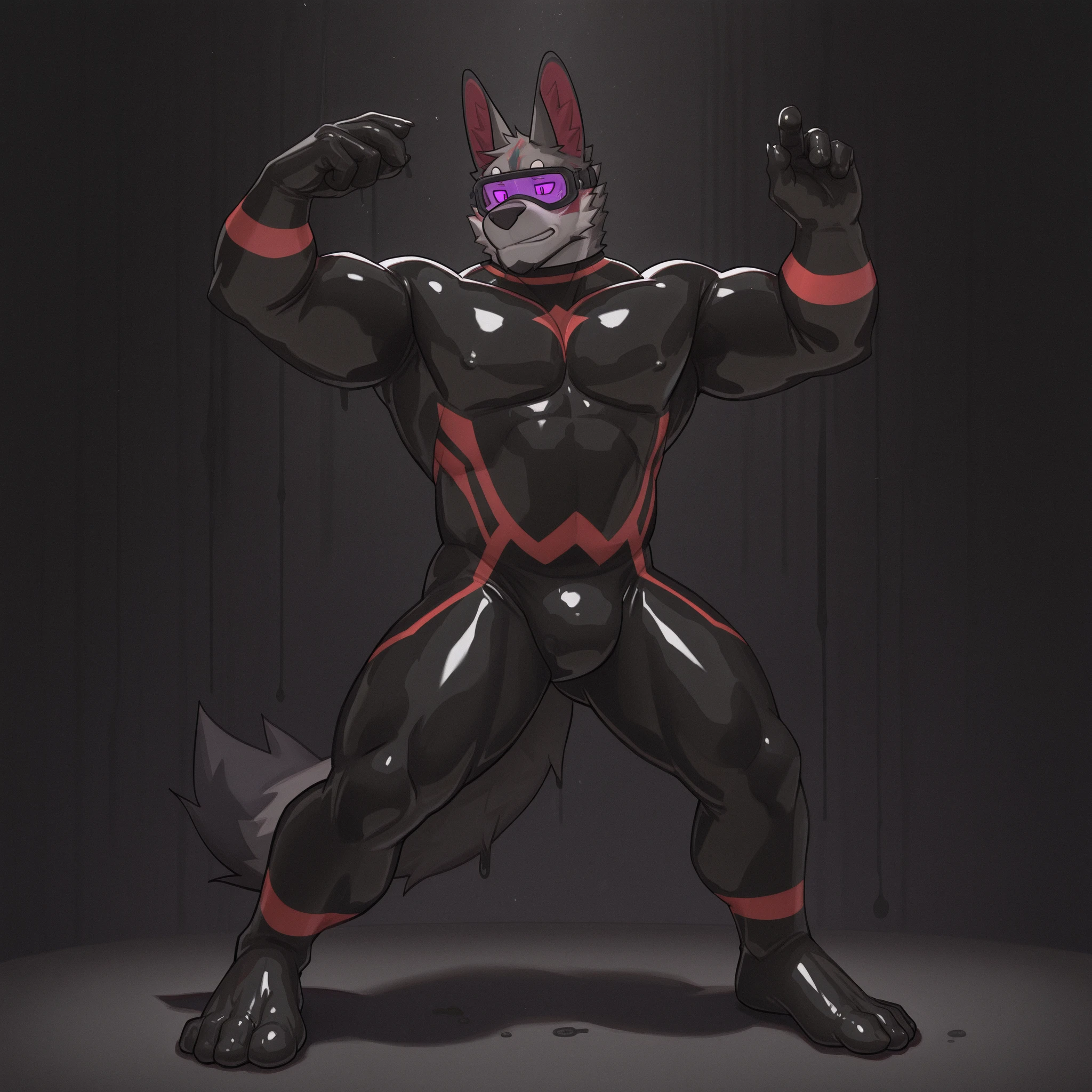 obstagoon, full body,score_9, score_8_up, score_7_up, score_6_up, score_5_up, score_4_up,((obstagoon(pokemon),male furry)), red eyes, (pose:1.3), (posing:1.3), (soft shading), 4k, hi res, five fingers, detailed hands, ((detailed face, (detailed eyes:1.3), detailed)), (((full body))),show legs,show feet,(by metokuron:1.5), solo, looking at viewer, 1boy, standing, male focus,((topless,bottomless)), abs, biceps, flexing, smile,