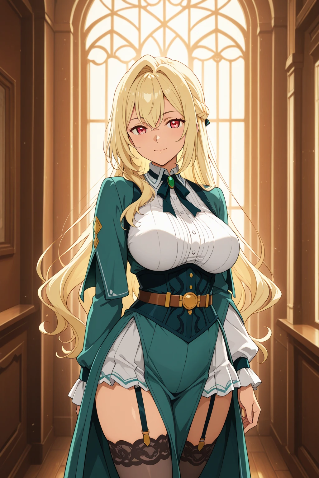 (One girl)、((Blonde))、（Sato Air）、boyish、(Big super breasts)、[Chubby]、beautiful girl、green eye、Maid clothes、No sleeve、mini skirt、White sleeveless、((hairs between eyes))、((thigh-high socks thighhighs))、(long gloves)、say、White Background、