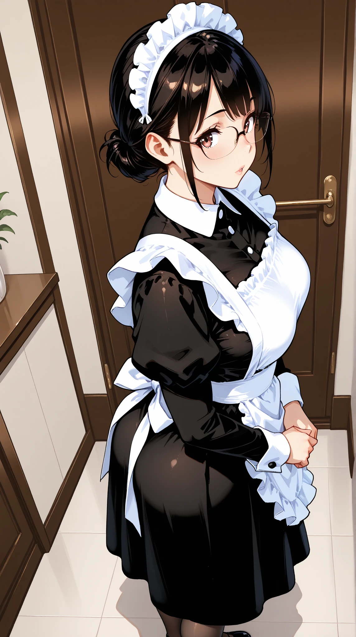 masutepiece, Best Quality, High resolution, solo, 1girl, Full body, Description Girls, detail hands, Detail fingers, Detail Face, cute face, detail legs, overdetailed art, Fine details,Huge breasts, Huge ass, steam, Sweat, gleaming, (housemaid), long hair, blunt bangs, crying mole, evil grin, ((clothed)), clothing, girl is taking shower in bathroom, Wet, see through, mizuryu, slut