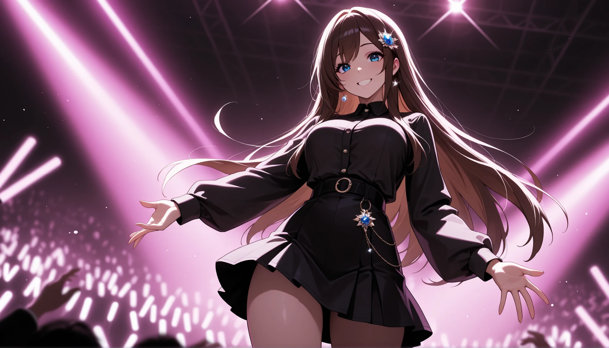 top quality, 8K, 4K, high resolution, high contrast,1girl, Japanese female idols sing and dance passionately on stage、while the audience's cheers echo through、Colorful lights illuminate her, is wearing ornaments, short skirt, Smiling adult woman , , beautiful dark brown long straight hair,(beautiful detailed face), blue eyes with highlights ,(beautiful detailed face), Moderate bust, Precise and Beautiful Scenery, have microphones