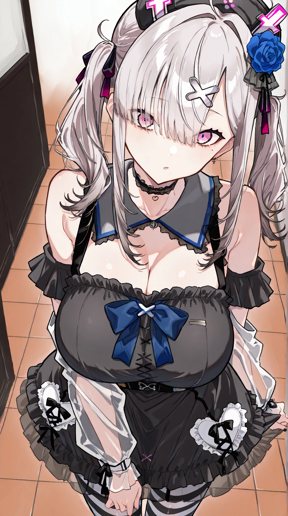 nsfw,((one man and one woman,having sex)),woman on top,((gangbang,3boys)),vaginal penis,bare chest,show off your nipples,linnie, bangs, (purple eyes:1.1), twintails, hair ribbon, pink hair, horns, black ribbon, demon horns,long sleeves, dress, ribbon, frills, puffy sleeves, black ribbon, juliet sleeves,Highest image quality,masterpiece