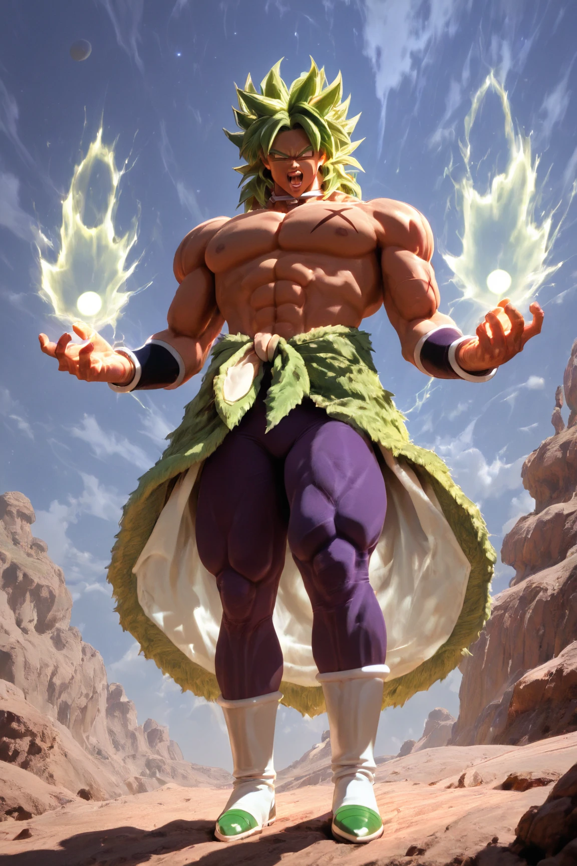 man like broly in dragonball z in super saiyan power with this acting pose