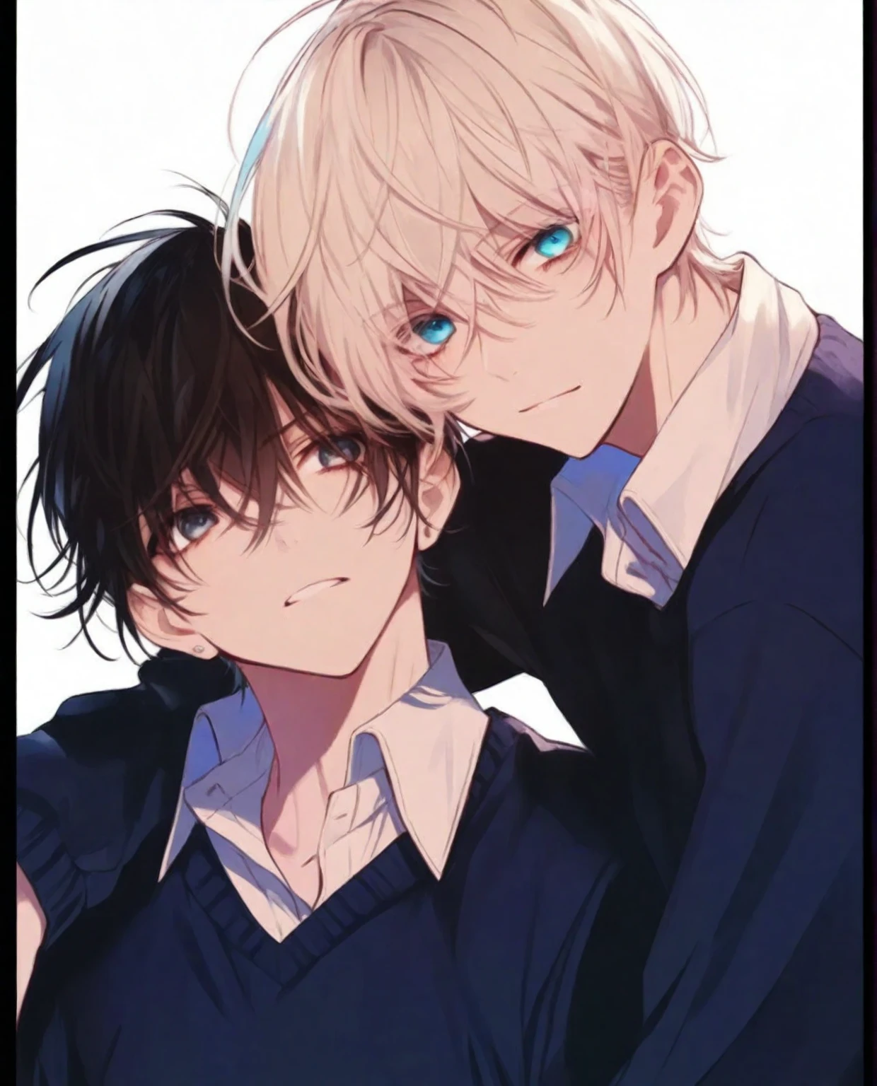 (Piece Fly), (best quality), Very detailed, (((Two friendly high school boys:1.5))), Perfect face, Pretty Face, Very detailed face，(Silver short hair man:1.3)，(Man with short black hair:1.3)，School，classroom，student uniform，tie，Long-sleeved shirt