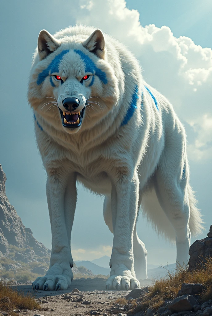 there is only a white wolf barking to the huge moon, his eyes are red, his mouth opened wide