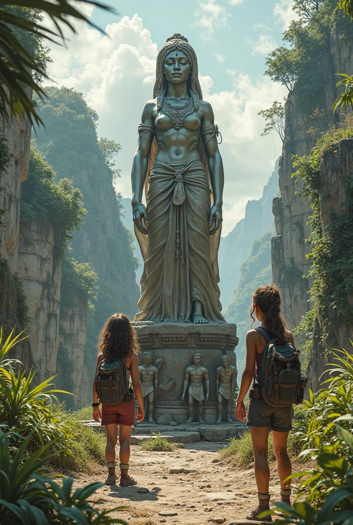 Photographie RAW. Réaliste. Deux jeunes filles exploratrices découvrent les vestiges d'une île déserte. statue d'une fille habillée en déesse avec des hommes en esclavage, à genoux à ses pieds