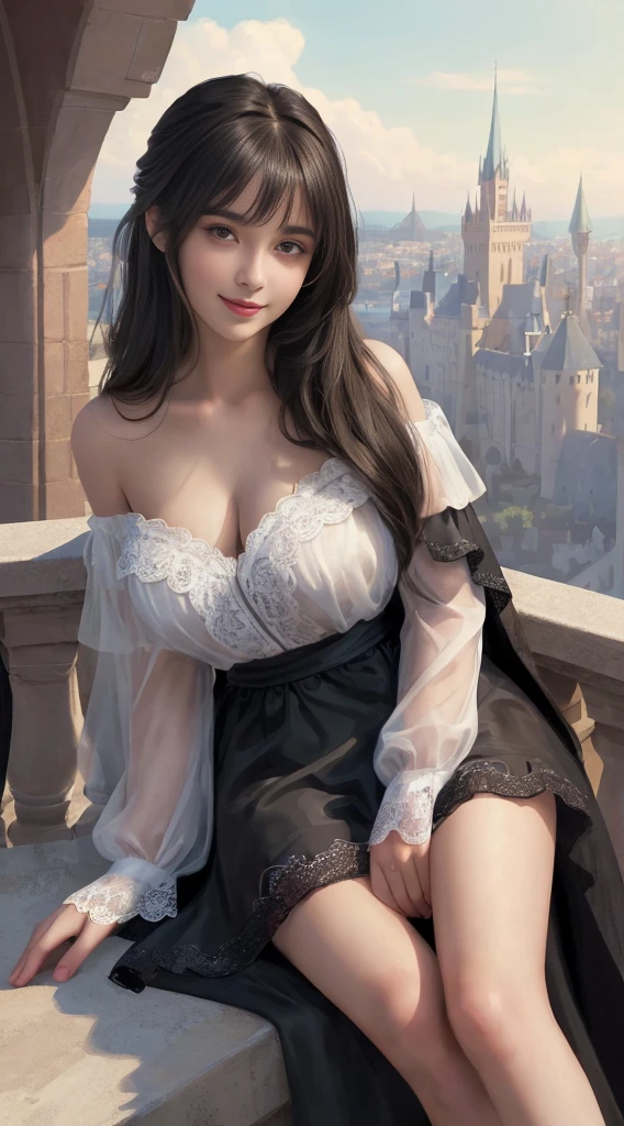 (Best Quality:1.4), (hyper quality), (Ultra-detailed), 1 beautiful girl, Extremely cute, Amazing face and eyes, (beautiful lace gorgeous off shoulder dress:1.5), (beautiful breasts:1.1), (slender body:1.1), Authentic skin texture, bright and shiny lips, Beautiful Goddess Advent, (sitting, legs spread, pubick hair, cameltoe details:1.2), Beautiful background, Golden ratio, conceptual art, Super Detail, ccurate, high details, Anatomically correct, Outdoors, Beautiful jungle, (Giant Castle:1.5), cutting edge, Sexy Art, Open your legs, Surrounded by beautiful sunsets, dazzling lights, Super delicate illustration details, Highly detailed CG integrated 8k wallpapers, RAW Photos, professional photograpy, Cinematic lighting, Super gorgeous illustrations, depth, depth of field, (View from below)