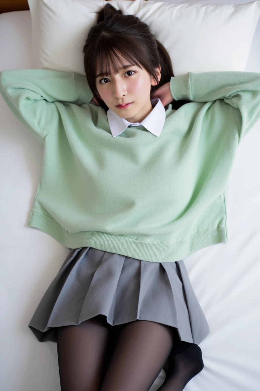 An ultra-high picture quality、Perfect Photo、13-year-old beautiful girl、Japan beautiful girl、middle school girl、light skinned、slender、（tiny chest）、Lying on his back on the bed、Pleated mini-skirt、Raised mini skirt、（big eye）、With bangs、ankle、（angry looking face）、short-hair、Straight hair、（teats）、girl's own room、toe、sole of feet、thighs thighs thighs thighs、lying back on、Skinny Legs、（White panties are visible）、