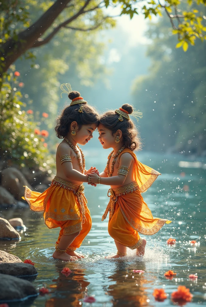 Goddess Radha and Lord Krishna as childs playing in the garden , Indian God, 8K render, facing towards the viewers