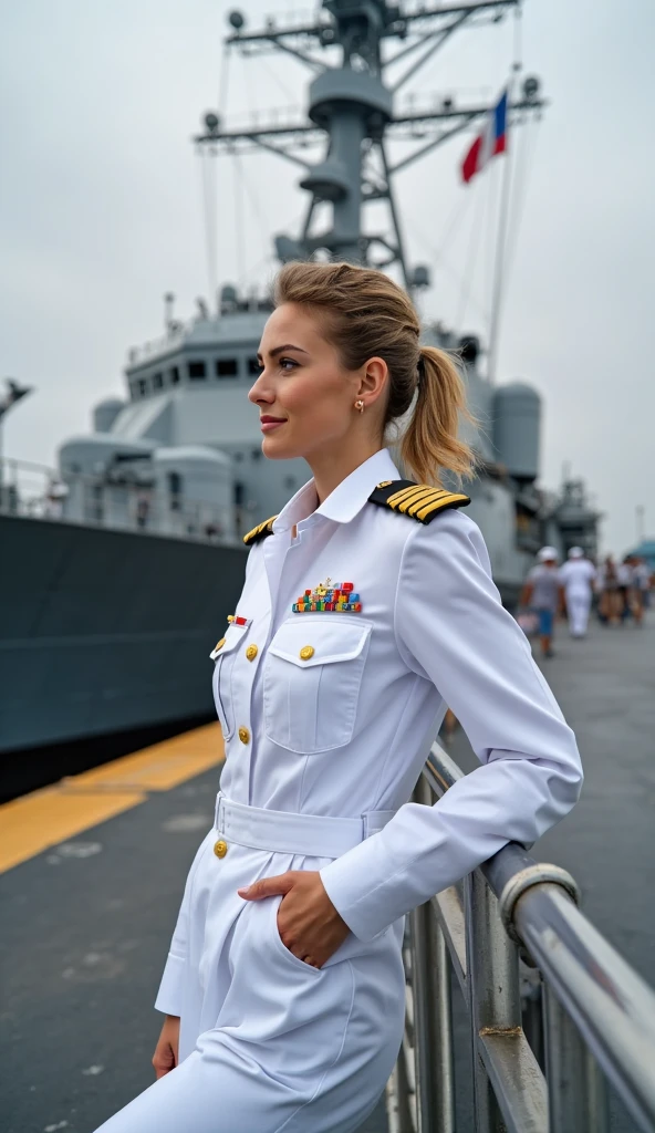 (medium full shot) of (rugged sailor) young woman, australian, light skin, dark green eyes, busty build, long ginger straight down hair, wearing a sailor hat, crisp white shirt, comfortable pants, loafers, life vest, set in Naval Dock, secure area with military ships, sailors in uniform, flags waving, naval officers overseeing operations, woman smiling, Masterpiece,best quality, photo, realistic, very aesthetic, detailed face,