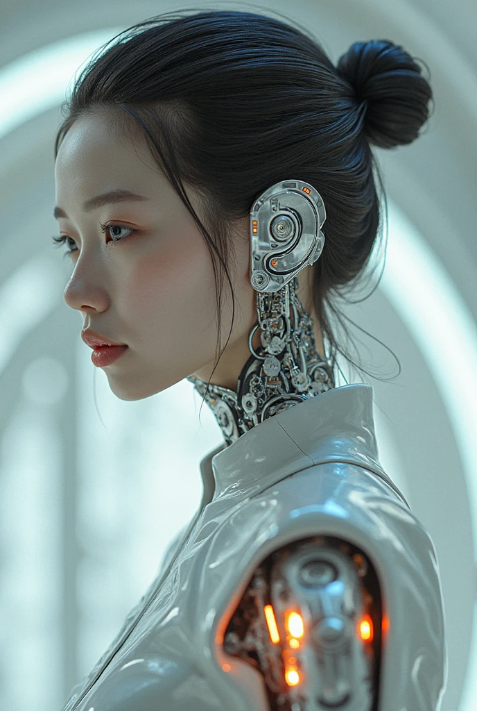 Female image,Ponytail,body skeleton,Unreal Engine Rendering + goddess, Opai of Biomechanics, Highly detailed cybernetic body, White biomechanical details, Female body, 3D Rendering Character Art 8k, Detailed body, complex machinery, Cybernetic and highly detailed,Mechanical body,Pipe and cable connections