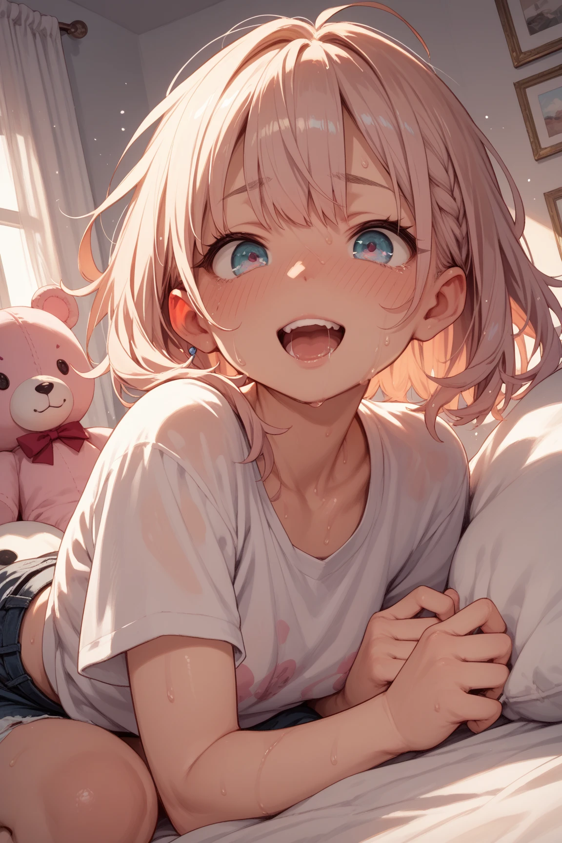 bedroom、nsfw、(cum on hair:1.3)、(cum on breast:1.3)、(cum in pussy:1.3)、(cum facial:1.3)、(cum on body:1.3)、cum in mouth、excessive cum、open mouth、embarrassed、trembling、red eyes、see through、masterpiece,best quality,beautiful face、beautiful face、tearful、big eyes、sparkling eyes、 young woman、exposed breasts、(pony tail:1.3)、busty、nipples、(1 boy and 1girl are having sex:1.3)、multiple_penises、gangbang、double_handjob、(missionary:1.3), (spread legs:1.3), (legs up:1.3)、(vaginal:1.3)、(sex:1.3)、fellatio,、cum、cum string、thighhigh、offsholder、Brown hair、bottomless、small jewelry pendant、halterneck、fishnet clothing