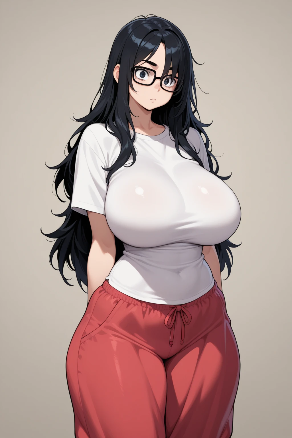 1girl,solo,Mature Woman,Black Hair,long hair,blue eyes color,Glasses,mother,gentle,kind face,Super huge breasts,Flabby thighs,wipWhipped thighs,knit with vertical lines accentuating the lines of the body,jeans that accentuate the body's curves,necklace,standing up,Looking at this,Inclusive,White background,