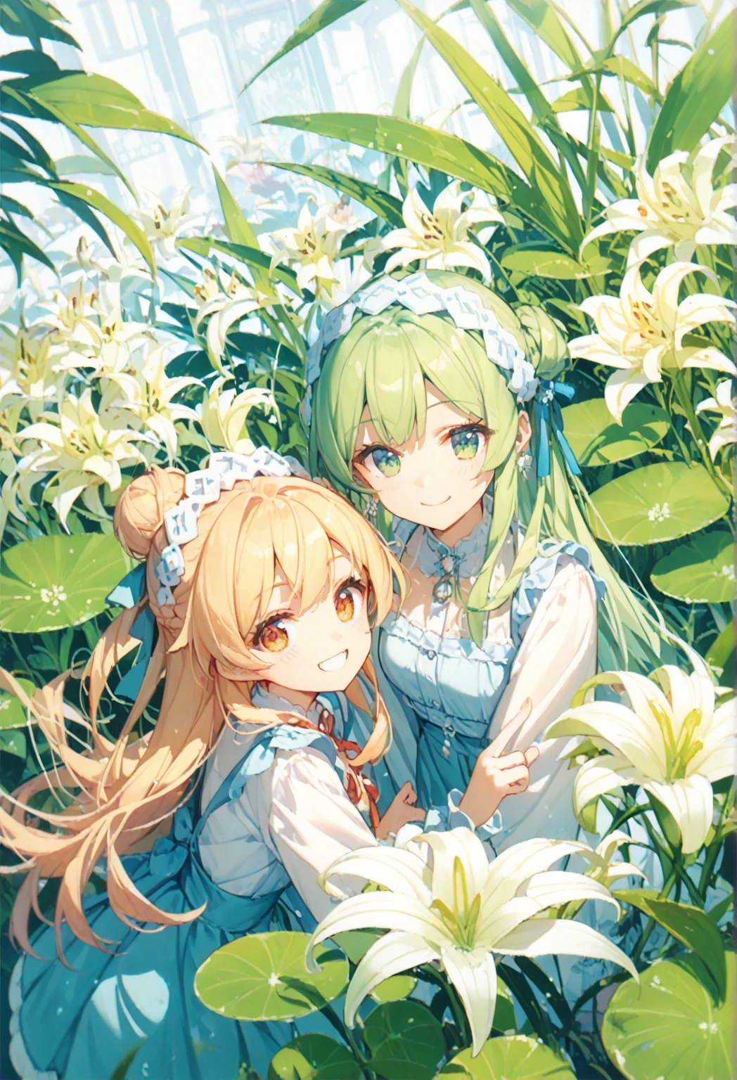 (8k, Highest quality, masterpiece:1.2),cute,cute女の子たち,Couple girls,2 people，舌を出してkissをする，mesugaki,Fantasy_world,kiss,A plateau lush with silver grass，White liquid splashed on face
