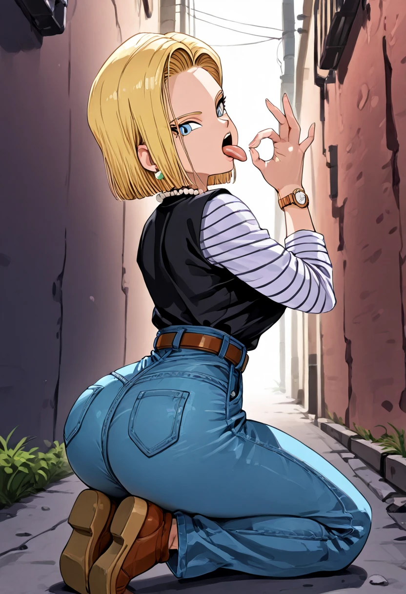anime coloring, 1girl, solo, sitting, squatting, spread legs, looking back, ass, photo_focus, (naughty face, seductive smile:1.05), android18_dbz, jewelry, necklace, shirt, earrings, pearl necklace, gloves, belt, denim