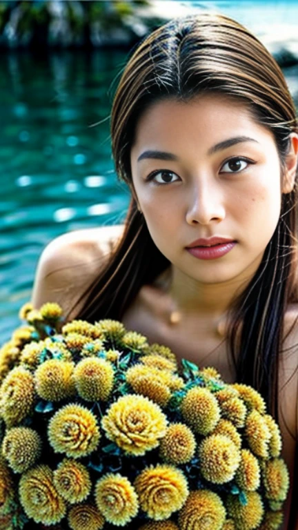 arafed instagram supermodel, biracial features, mid-length blonde hair, pale skin, perfect face, looking hot, olympian swimmer model body, tyla, jennie kim, harsh polaroid flash, vintage quality, in the summer, pparisbackground, one girl, vogue smilimg.happy,yellow flower sumdress ,laughing brithday