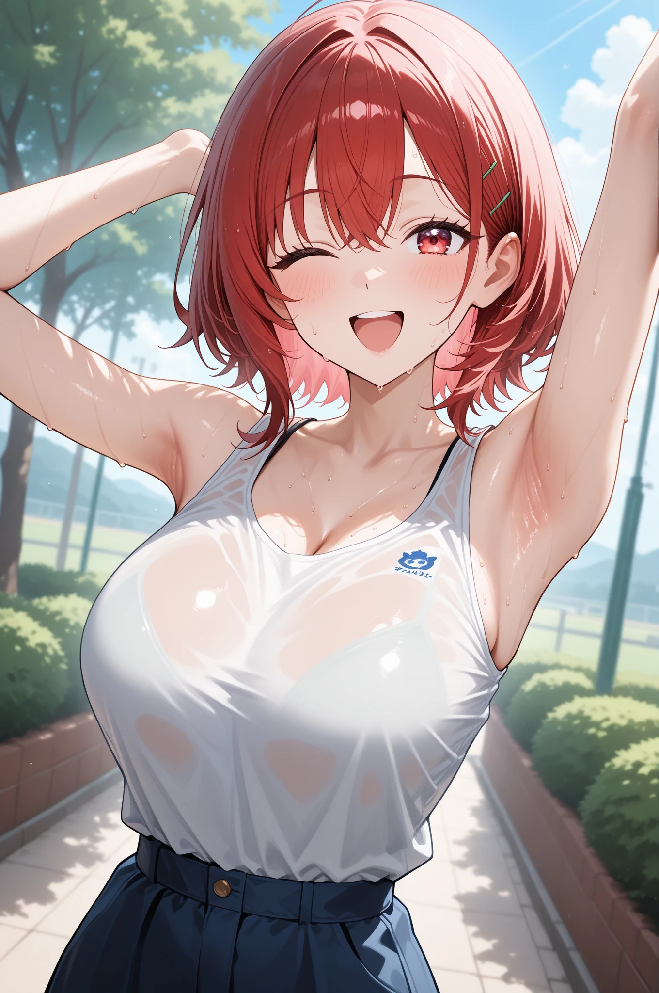 1girl,solo,super detailed skin,shiny skin,wet skin,expressionless ,eyelashes,lips gloss,red hair,bob hair,short hair ,large breasts , tank top,jogger pants,night park,masterpiece,best quality,ultra detailed,high resolution,sharp focus,depth of field