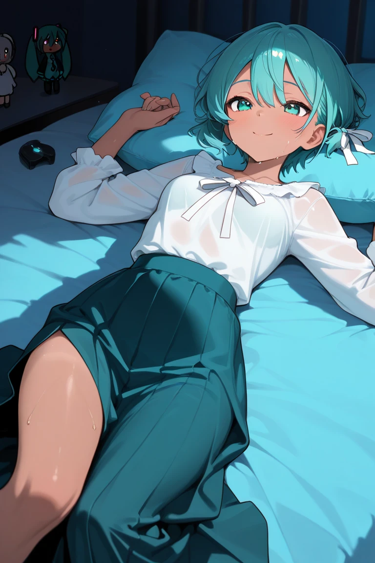 girl, masterpiece, best quality, woman, beautiful, fine features, looks at viewer, in her room, black seifuku, black skirt, black stockings, ((very pretty)), ((looking cute)), (tender expression)), (very happy), Pale turquoise hair, turquoise eyes, short messy hair, thick thighs, lying on the bed, beautiful body, goddess