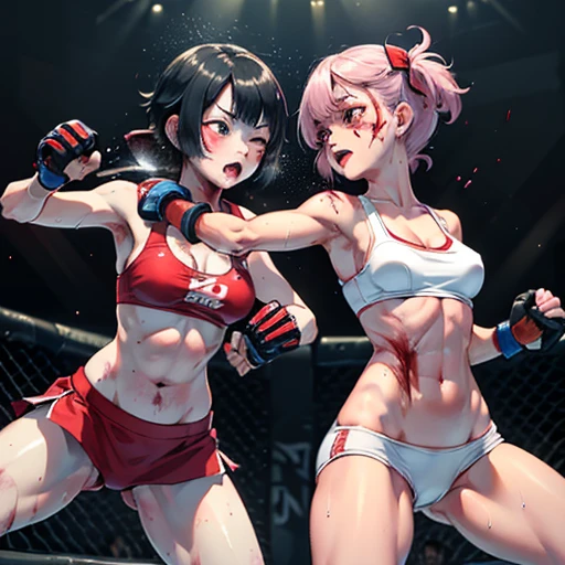A match between two beautiful high school girls mixed martial artists。Covered in blood、Covered in wounds and in a bad shape。I muster up my last strength、They're punching each other with all their might.。fighting violently。Suffering from damage。Mouth open and dripping blood。Facial swelling。Bruised body。With one eye closed, it seems painful。Fighting inside the Octagon。I'm soaked in sweat。Ripped and tattered sports bra and bikini、Open Finger Gloves。Erect nipples。Short black hair。