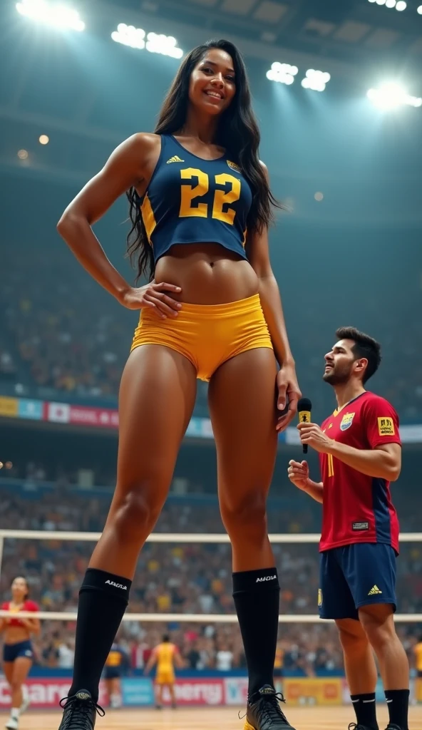 Black girl, contagious smile, round face, 1.50 tall, 15 years old, curly red hair, blue eyes, perfect breasts, perfect butt, toned legs. Clothing: short t-shirt, tight shorts and sneakers. Confident pose with a delicate personality, with a black background.