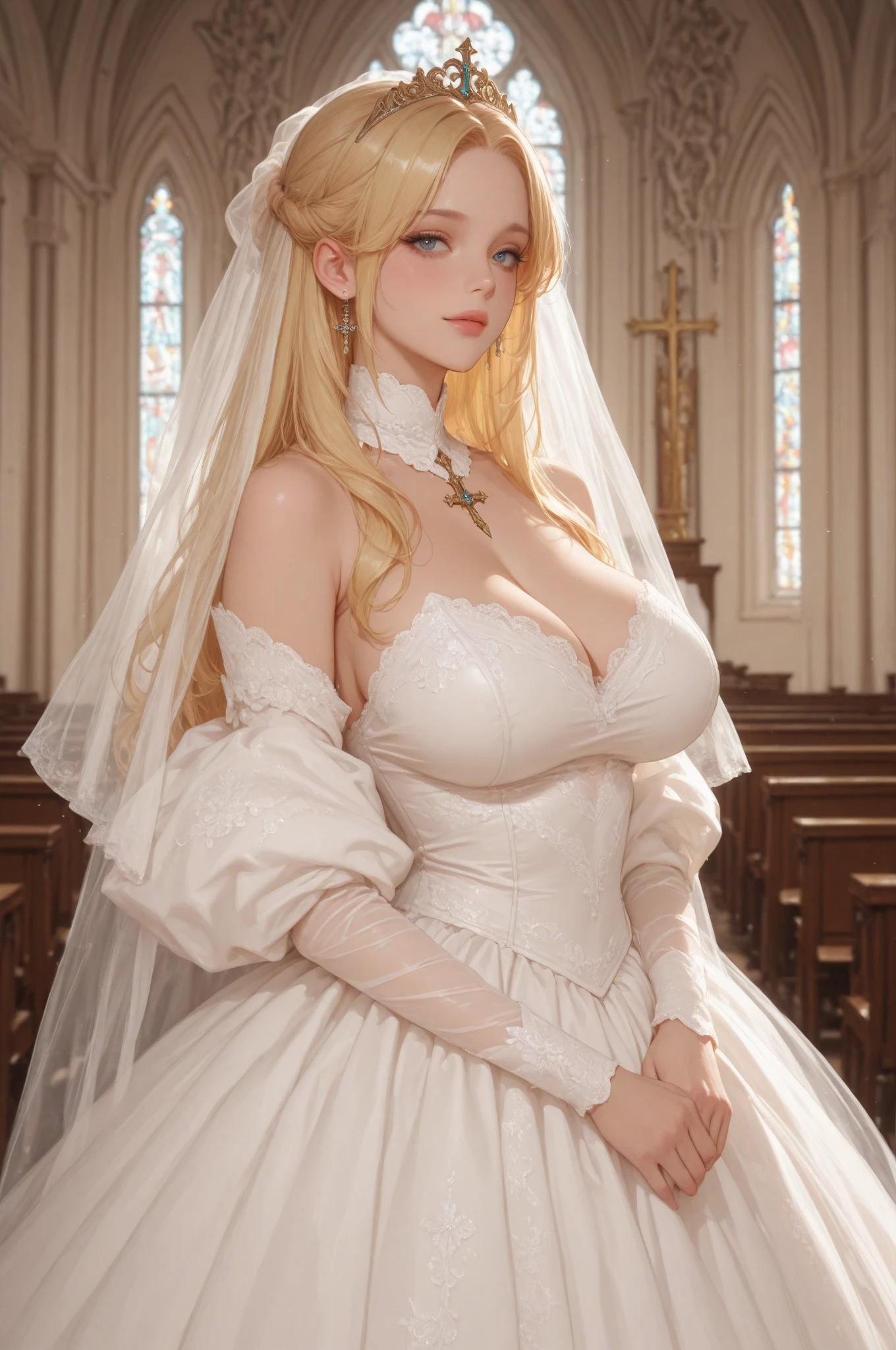 (((diamond bride)))，Delicate face, looking at camera, smile!!!，The face of Eros，Blonde hair, handsome, in church，sparkling diamonds，Big breasts，glowing bride，(crystal wedding dress) ,Taller，Irrigating color，The Arthur effect, Transparent body, Translucent molten glass gradient, caustic, transparent glass texture, irritating color, designed by dietrams, simple, glows in high detail, white back, industrial design, studio lit, C4D, OC renderer, clean shadows --auto --s2