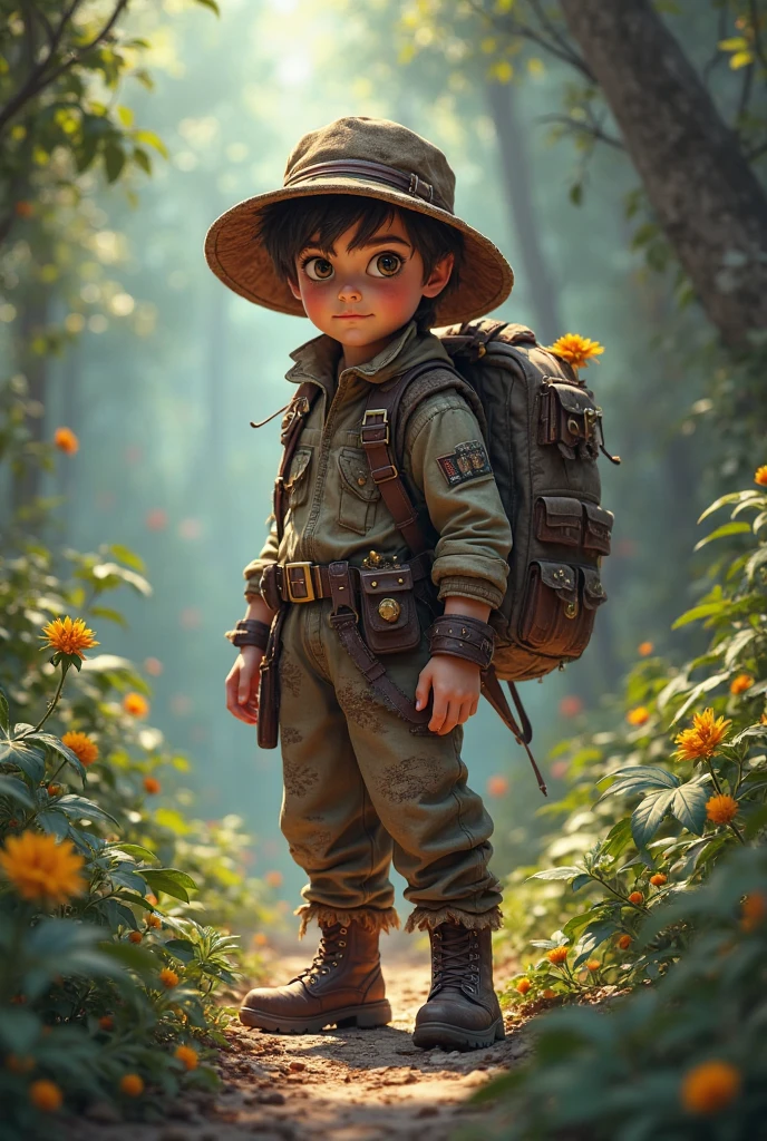 A 12 year old kid in fantasy world with a fantasy clothes and backpack with gun 