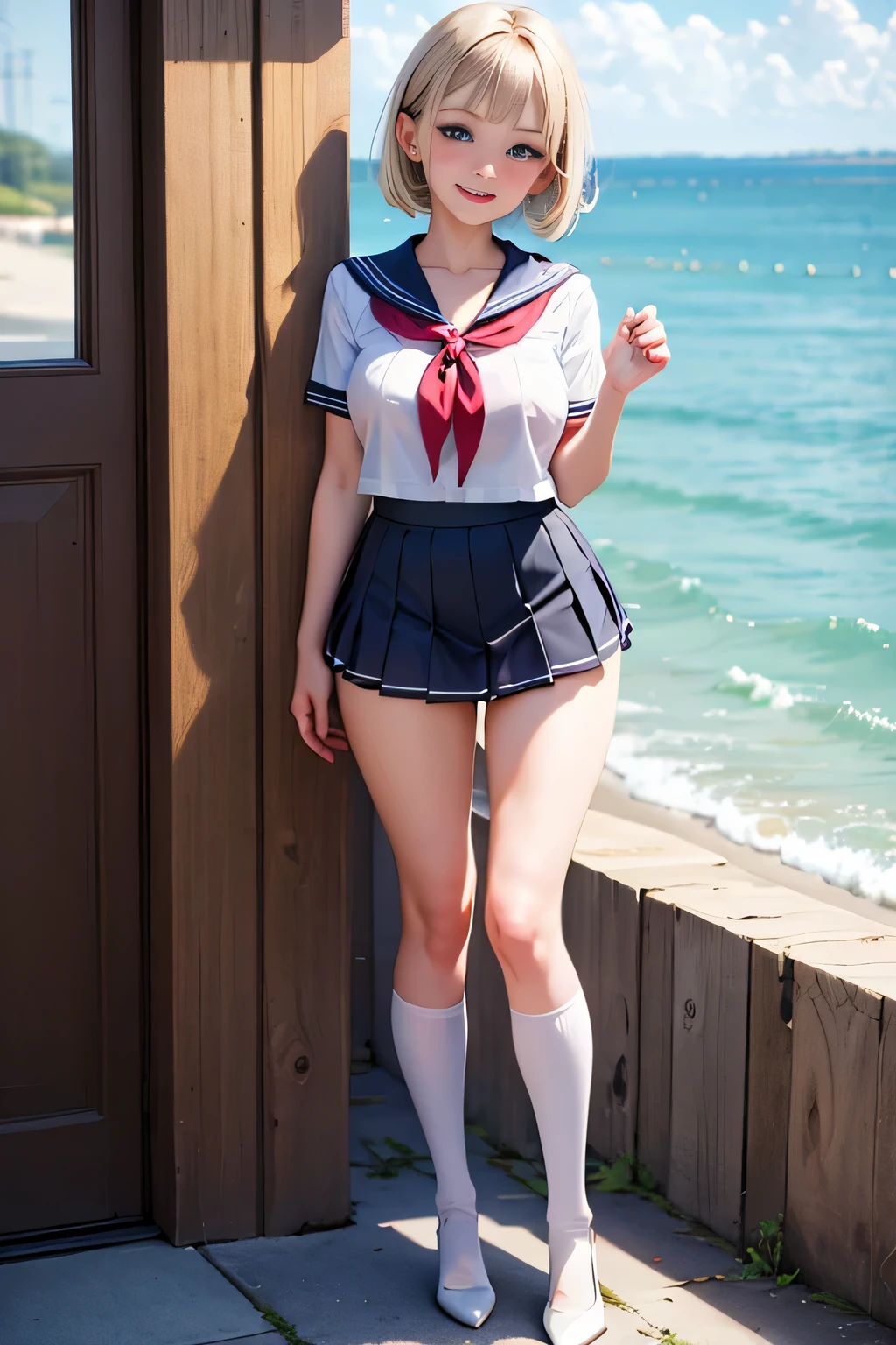 (masterpiece), (best quality), (light dark skin:1.4), 1girl, solo, looking at viewer, smile, beach, (sailor high leg bikini)