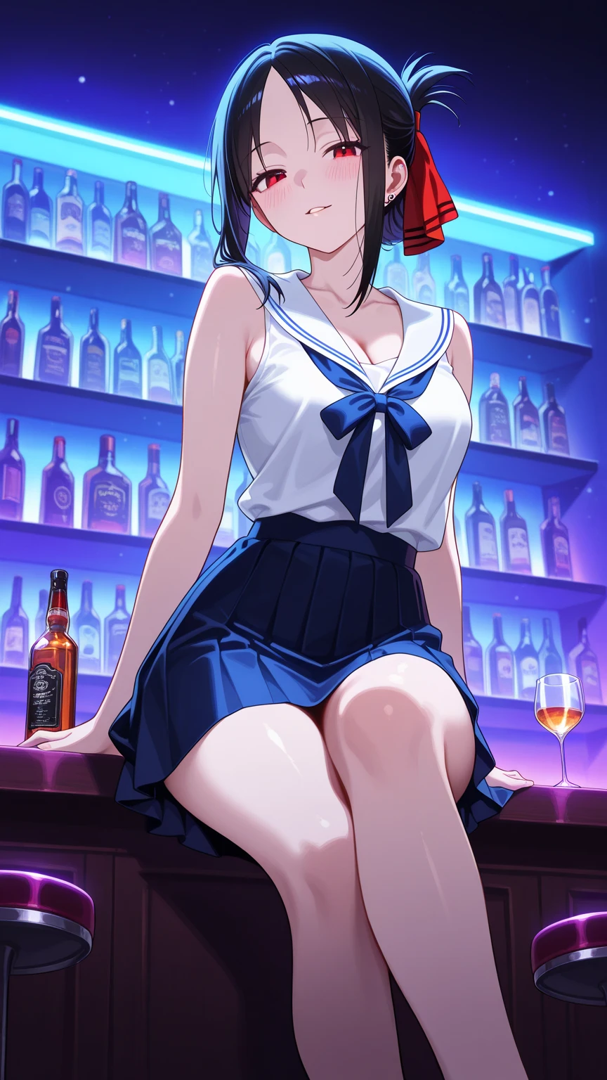 A woman with big ，Sailor suit，clavicle，Prominent and smooth underboob，exquisite，Intricate details，pubic，Tube socks，long legs，(blush:1.2)，eyes closed，coma，bar，Bar counter，