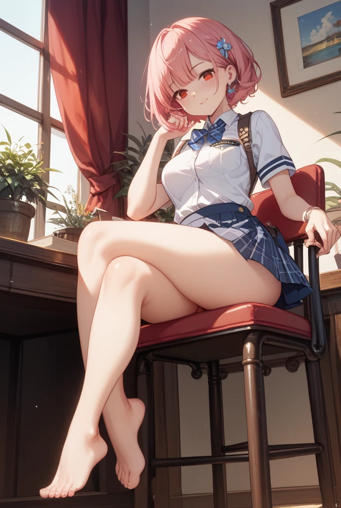 ichikanakano, ichika nakano, short hair, bangs, blue eyes, hair between eyes, pink hair, smile,
BREAK skirt, shirt, , white shirt, short sleeves, pleated skirt, shoes, socks, collared shirt, black footwear, sweater, white socks, green skirt, loafers, clothes around waist,
BREAK looking at viewer,
BREAK indoors, classroom,
BREAK (masterpiece:1.2), best quality, high resolution, unity 8k wallpaper, (illustration:0.8), (beautiful detailed eyes:1.6), extremely detailed face, perfect lighting, extremely detailed CG, (perfect hands, perfect anatomy),