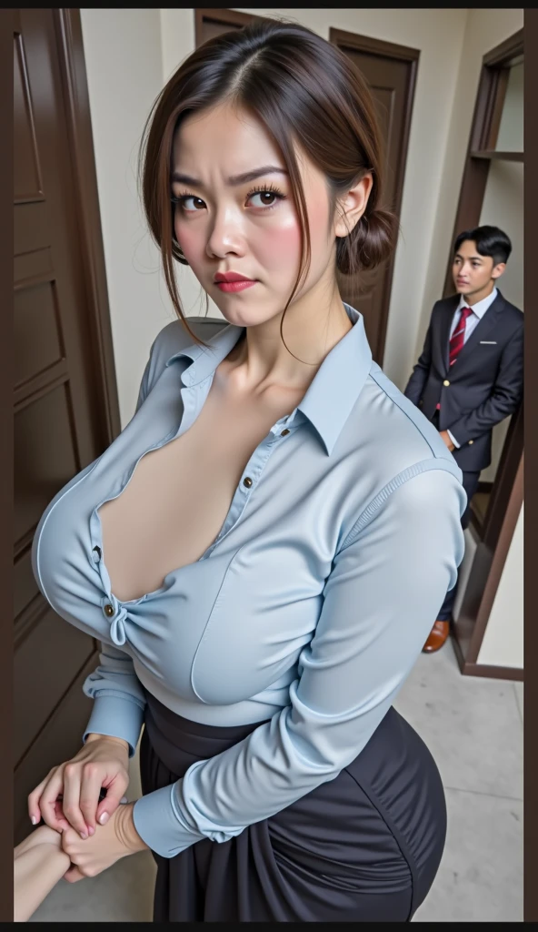 Two couples, uncle and JK wrestling, deep kiss, crotch touching, breast touch from behind, wet mouth, Japan high school uniform, (too big breasts: 1.9), drooping breasts, 16 year old girl, uncle, school background