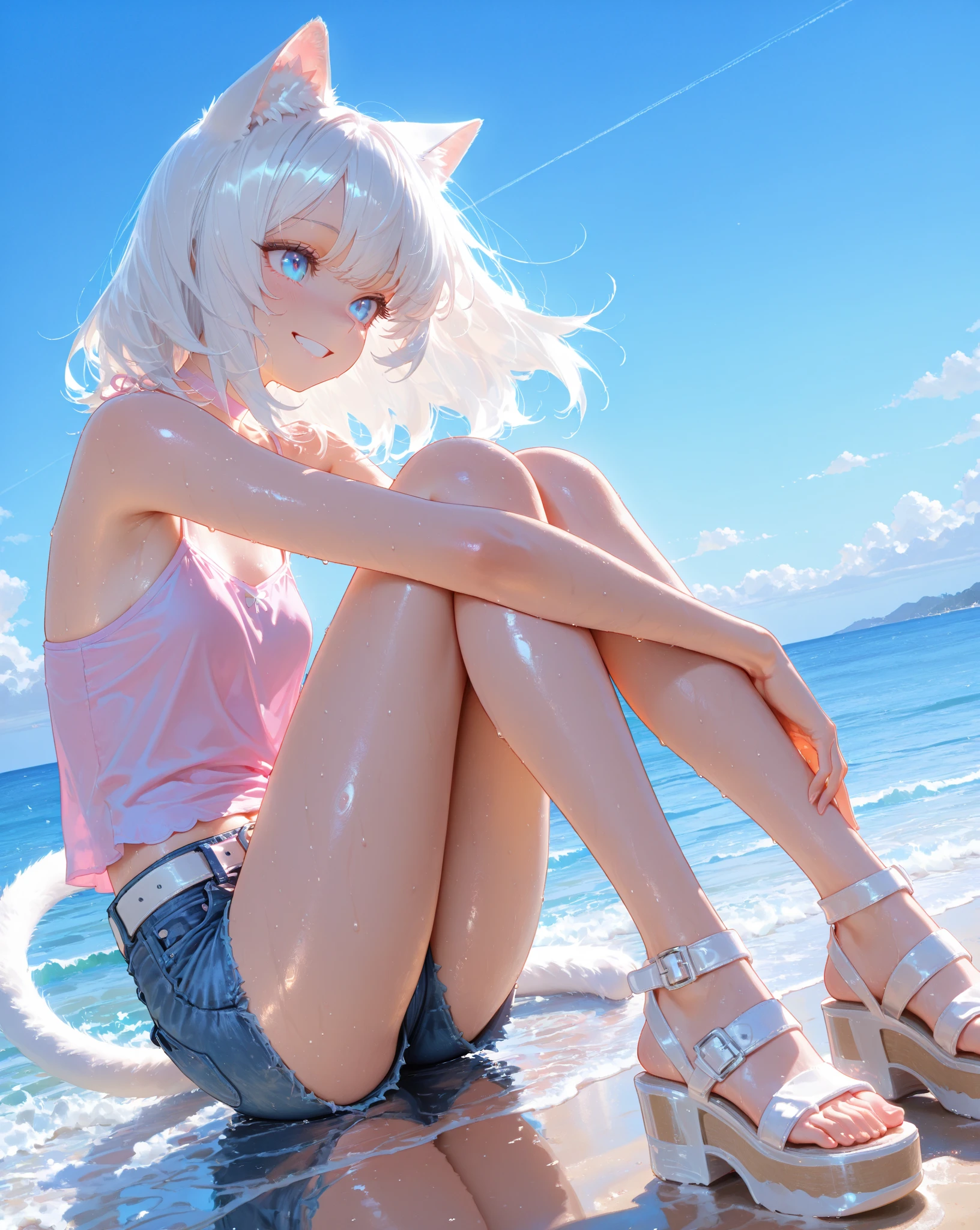 Best quality at best,nabel,比基尼,hand on her own chest,The halo,full bodyesbian,wide blue eyes,Raised sexy,8K,,Beth,By the beach,lacepantyhose,with her mouth open,Open your legs,cute big breasts鼻子,cute big breasts,The mouth is relatively large,The legs are relatively long,Big chest,The eyes are relatively large,long whitr hair,The eyeballs are relatively large,Eyes sparkle,Naked foot,The nose is relatively large,white color hair,No shoes,prette,bikini,at a forest,Long legs,cute big breasts脸,vagina,two perfect legs,There is a wooden villa behind,在别墅前面坐着Open your legs,There are aliens in the sky,There is a planet in the sky,There is a little bird in the sky,There is a deer on the ground,foliage,Runny urine