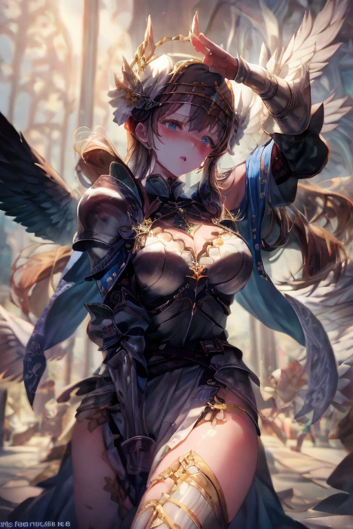 fantasy, 1angel_girl,, ,brown_hair, medium_bob_hair, long_bangs, halo,bare_shoulder,thighhighs,silver_armor, waist_armor, large_breasts,angry,grinning,open_mouth_teeth, 1pair_wings, dynamic_pose_fighting,floating, bare_crotch, headgear,gauntlet, greaves,city_background,slightly_spread_legs, solo, groin_naked,