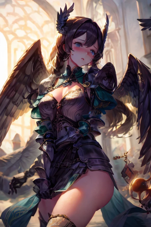 In an oil painting characterized by a similar syntax and descriptive style, a steampunk lustrous harpy captivates the viewer's attention. The main subject of this artwork is a mythical bird-woman hybrid with mechanical wings, ornate copper and bronze gears intricately woven into her plumage. The image is a highly detailed and vividly colored painting, exuding a sense of depth and texture. The harpy's metallic feathers shine with a lustrous sheen, reflecting the warm glow of the surrounding gas lamps. With piercing, gem-like eyes, the harpy gazes into the distance, her gaze hinting at a mysterious backstory. This stunning image captures the essence of steampunk aesthetic, combining the elegance of the harpy's appearance with the technological marvels of the era. The impeccable craftsmanship and attention to detail make this artwork a true masterpiece, inviting viewers to explore the fascinating world of steam-powered fantasies.