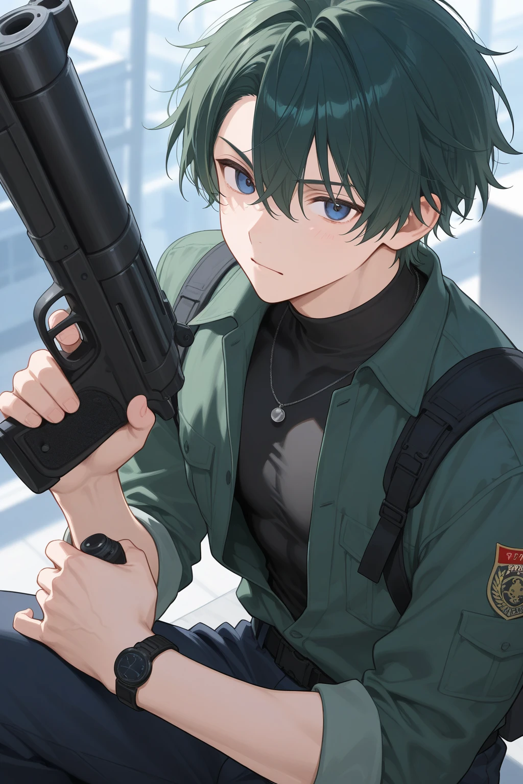 Man, short green hair, very short hair, Brown eyes, Serious eyes, Athletic body, Athletic build
Police uniform, police uniform, blue police uniform, handcuffs on the belt, handcuffs 