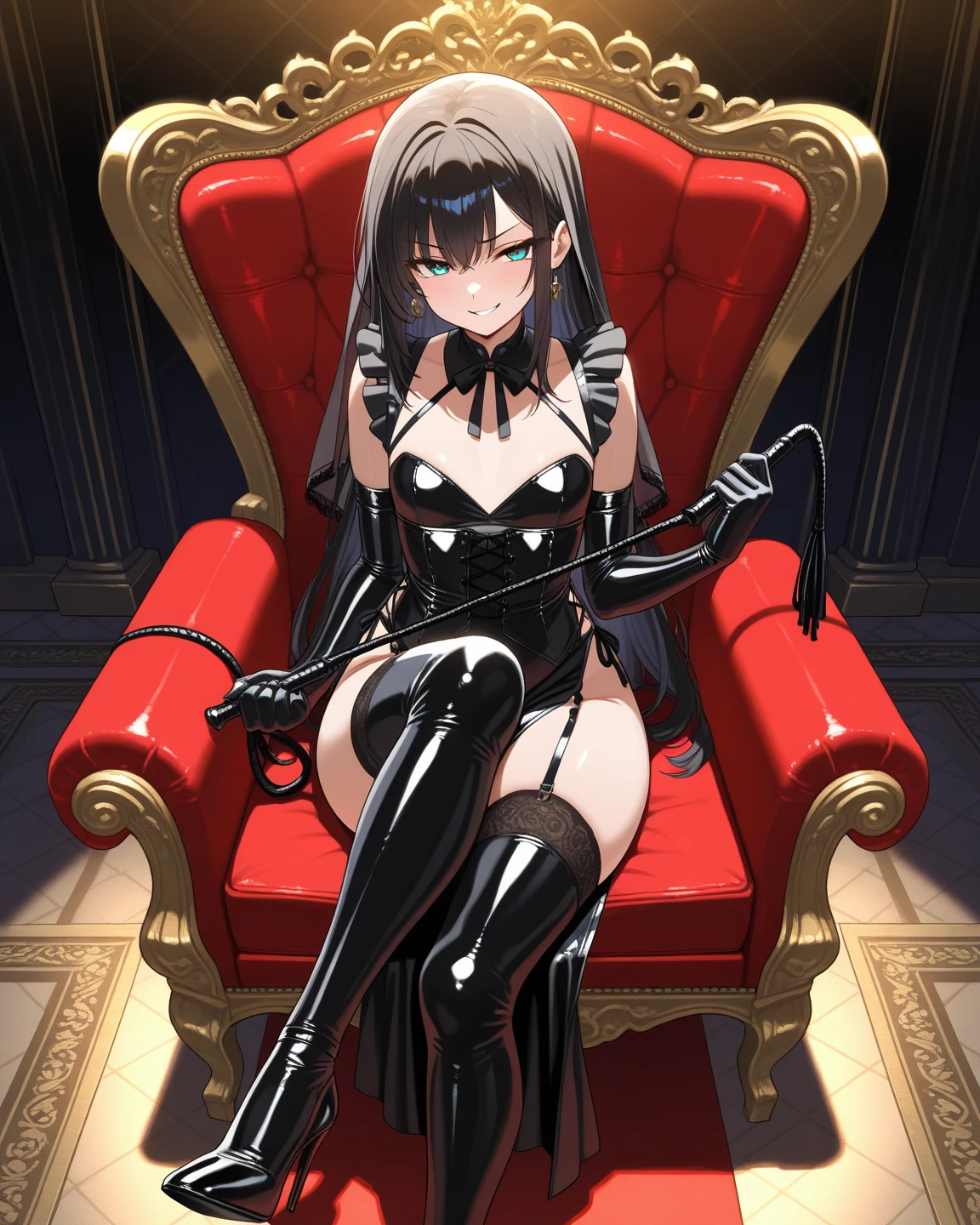 Leaning back in the chair, (((hands on the chair, Leaning on a chair's armrest))), pantyhose, bondage, leotard, latex, heels, harness, blue eyes, brown hair, intake, long hair, masterpiece, best quality, ultra detailed, beautiful, masterwork, ultra high res, super fine illustration, cg unity 8k wallpaper, cleavage, large breasts, cowboy shot, dominatrix, black clothes, dare shoulder, elbow gloves, thigh boots, perfect hands, perfect eyes, ultra detailed beautiful face, gleaming skin, oil skin, shiny skin, sitting, antique chair, throne, mistress, gloves, shiny clothes, adult, (((crossed legs))), two legs, both legs, perfect legs, armchair, arms on armchair, bdsm, zipper, corset, gloves, fair skin, 