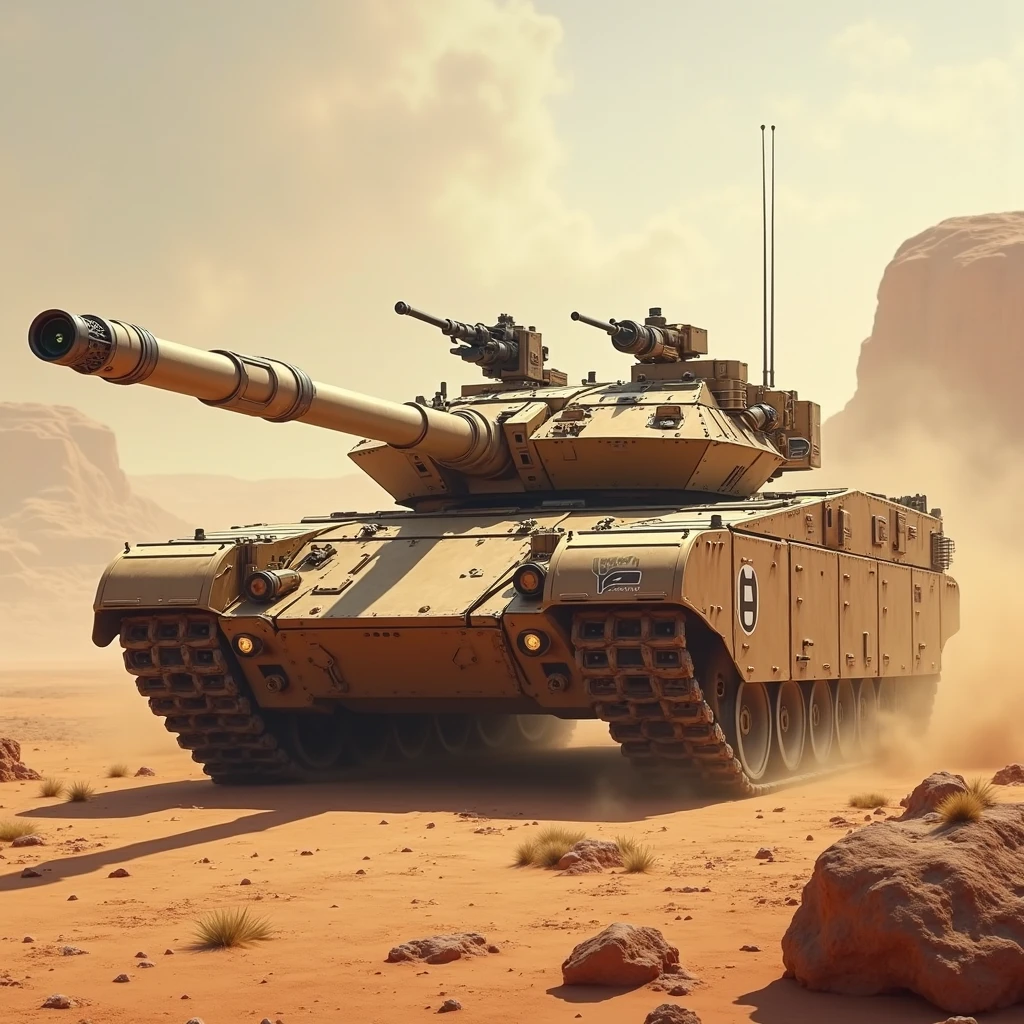 Armored Tank, desert camouflage color, Germany Leopard 2A7+ Main Battle Tank, Wide angle, panoramic view, dynamic movement, vivid, (masterpiece, best quality, absurdres, ultra-detailed, intricate details:1.3)