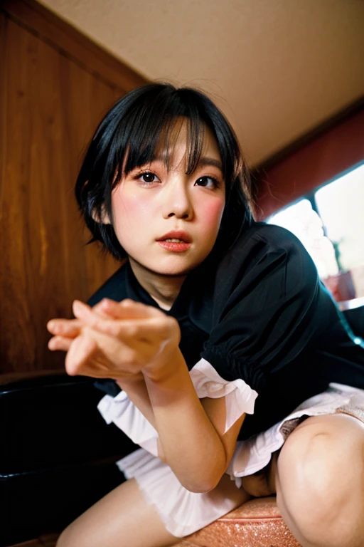 (nudity, explicit, :1.1) masterpiece, Best Quality, 16yo, Private, (On all fours:1.5), Kneel down, Kneeling, Cowboy Shot, on the bed, Detailed face, judgement, Serious, Looking at Viewer, nude, breasts hang, beautiful cute eyes, Best Quality, 8K (Baby face:0.9), (middlebreasts:0.7), (Short haircut:1.3), (Shy smile:0.5), blush, Silly, (Open mouth:0.8), NSFW, (:1.5), (cum for face and hair:1.8),