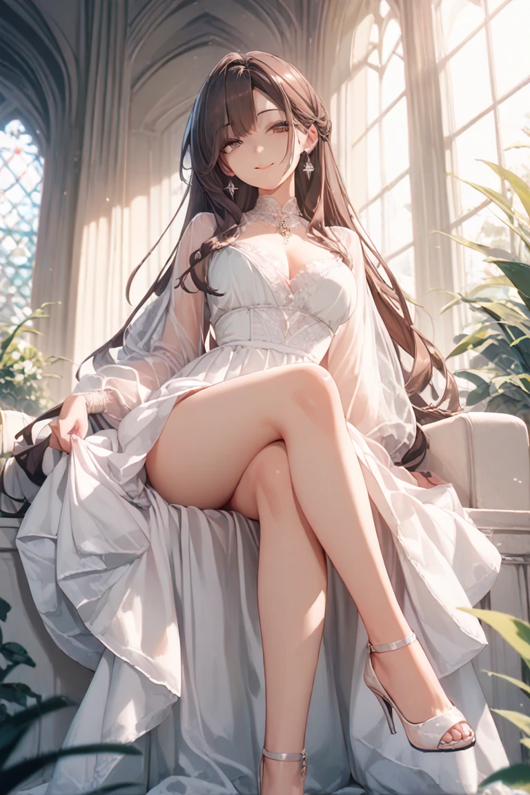((Best Quality, 8K, Masterpiece: 1.3)),1 girl, mature and charming woman, brown hair, brown eyes, blank background, feet,Horsetail,Evening dress, white mix blue pantyhose,