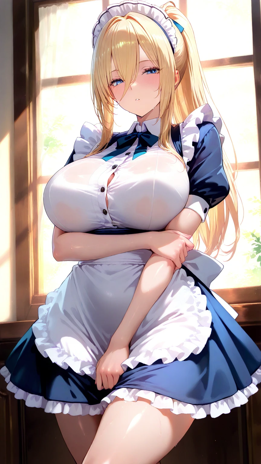 (masterpiece:1.2), (highest quality:1.2),, Curvy but slender body, perfect eyes, perfect face, perfect lighting, 1 girl, long hair, curly hair, fine clothes, detailed outdoor background, compensate, eye shadow, thick eyelashes, fantasy, (maid)、whole body,alice in wonderland、blue sky、Bright and beautiful face、young shiny glossy white shiny skin、the best beauty、the most beautiful bright blonde hair in the world、thin hair、super long straight hair、Shining beautiful bangs、Shining crystal clear big blue eyes、Very beautiful lovely 17 year old most beautiful girl in the world、big and full breasts、a sexually excited look、性的にI'm seducing you表情、open your legs、((she shows panties、lift the skirt、I'm seducing you))