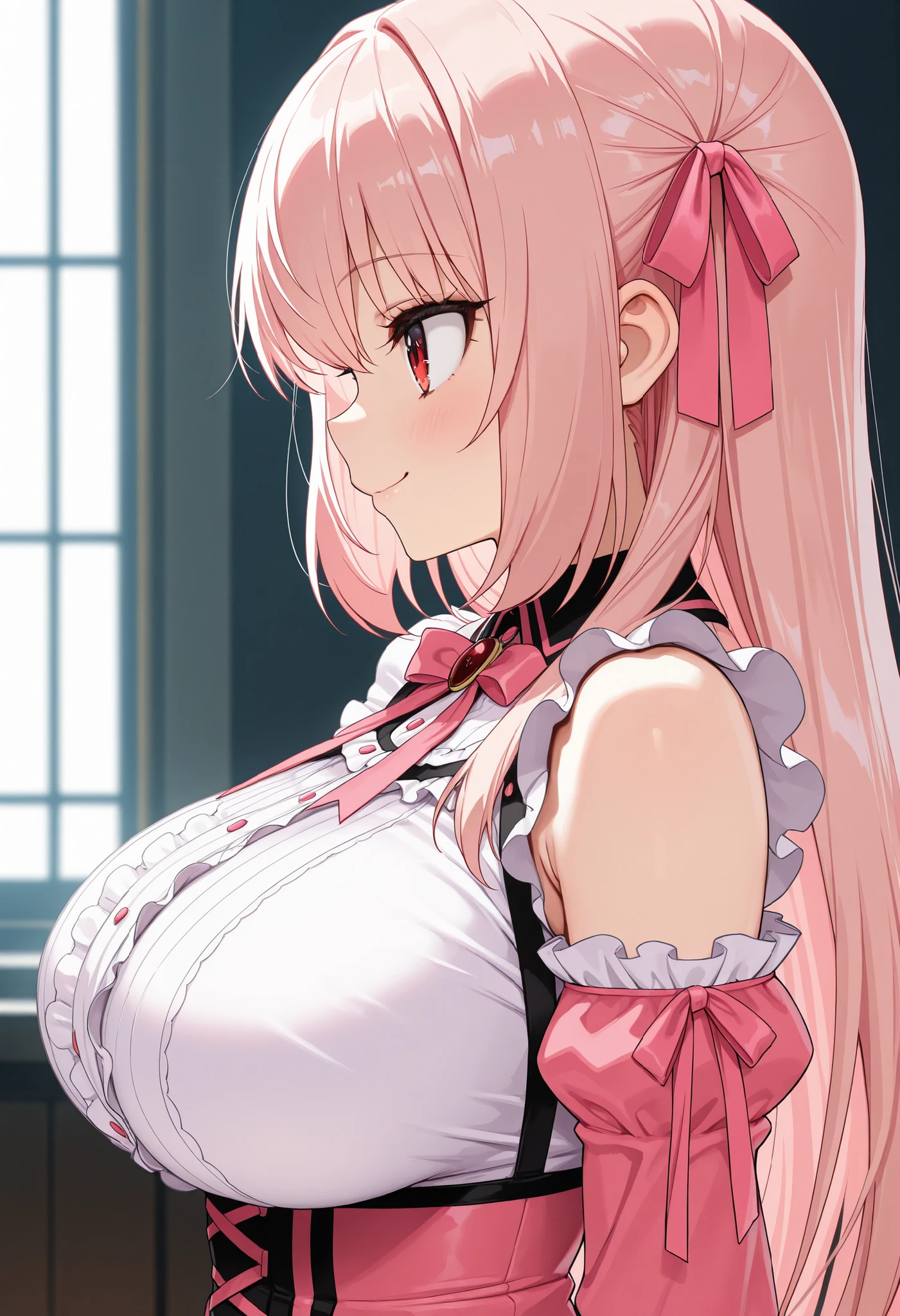 Rebecca, 1girll, Solo, Braid, Pink hair, Long hair, Close-up of a beautiful bride in a beautiful wedding dress, Gurvetz,(pillory:1.5), (Flail:1.2), Flail on the head, Flail on the hands,Full body photo, Whole body, (Bridal veil: 1.5), (Short transparent veil: 1.5), Flushed face, Head flower, head gear, (Tubular wedding dress: 1.5), (Silk dress: 1.2 ), (Strapless wedding dress: 1.5), (and floor-length skirts:1.2), Pure white dress,a white long skirt, necklace, Earrings, (Huge breasts: 1.3), Deep V heart collar wedding dress, bangs, lipstick, (Lace gloves: 1.3), High detail RAW color art,