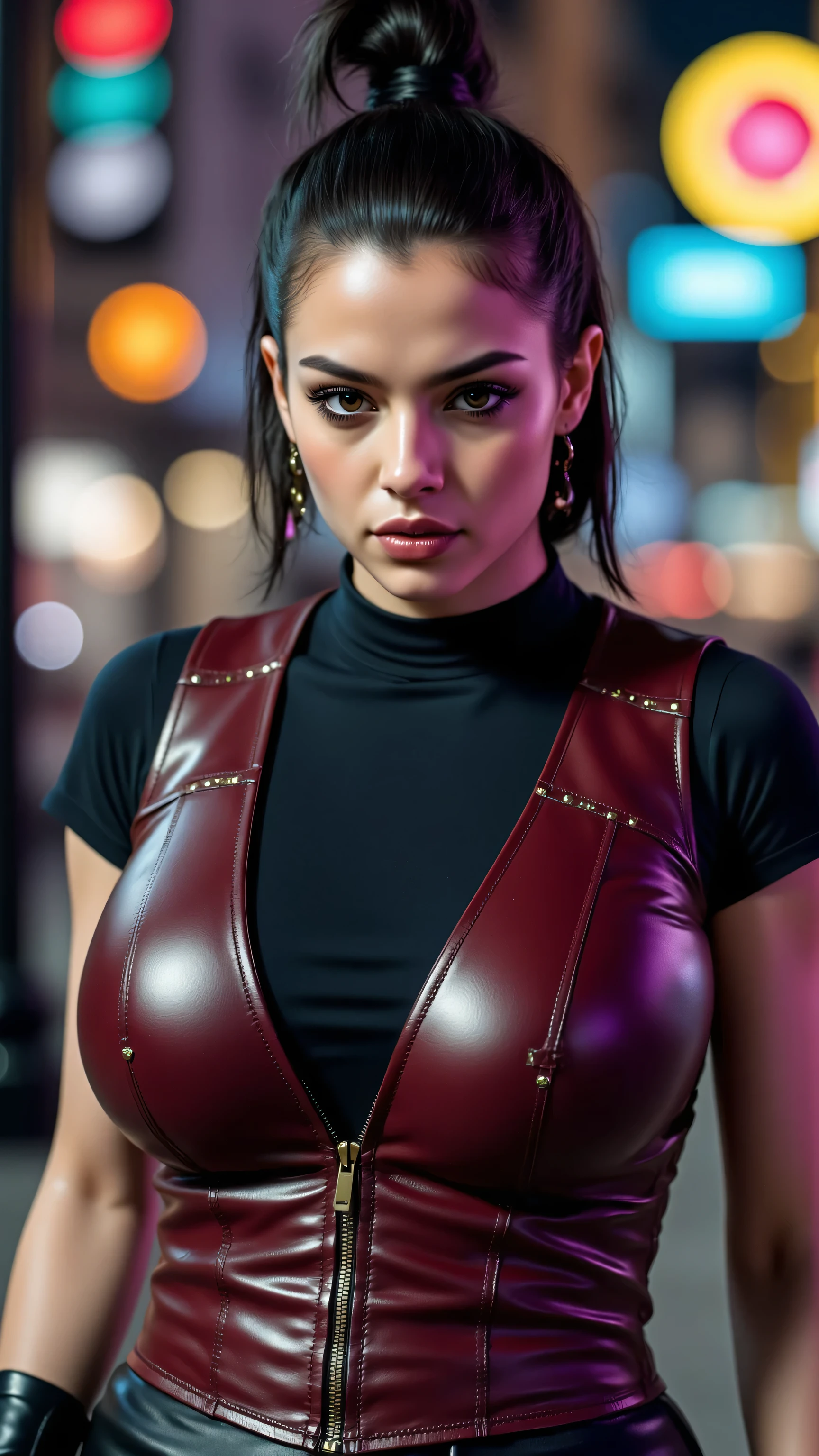(masterpiece, photorealistic:1.4, extremely intricate:1.3), (photon mapping, radiosity, physically based rendering, ultra resolution, hyper-realistic, 8K), ((mature female, [bodybuilder:supermodel:0.8], ((([large breasts:medium breasts:0.3], snakeskin leather vest, chrome rivets, ((looking away), topless)), ruby necklace, serious, sad, 30 years old, elegant:1.2)), long eyelashes, ((makeup:1.2, red lips)), [skin detail:freckles:0.8]), ((background futuristic neon cyberpunk city street)) professional photograph, (((straight long hair [black hair:bright orange hair:0.6])))), BREAK ((sharp focus, dramatic, award winning, cinematic), bokeh, blurry background, interaction, metal reflections), bright eyes