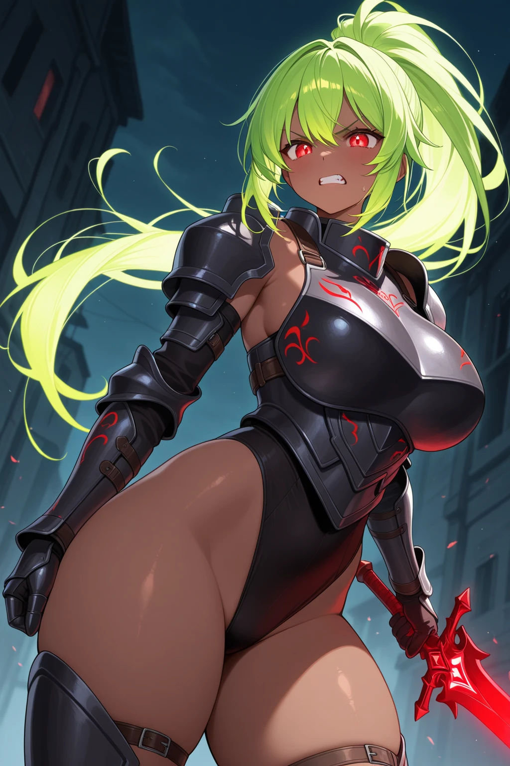 Masterpiece, The best quality, High Resolutions, absurdities, 8k, 4k, Official Art,, , (flat_color:0.9),voluptuous, front view, thick thighs, Wide hips, warm light, night atmosphere, robusta, front body, light lipstick, SMILE, abdomen, (muscle:1.2), Thick thigh, Wide hips, thick lips, faded hair, massive thighs, focused eyes, huge woman, long hair, Red eyes, look ahead, muscle girl, short hair, green hair, mechanical armor, great armor, mechanical armor, mechanical suit, Full armor, tiara