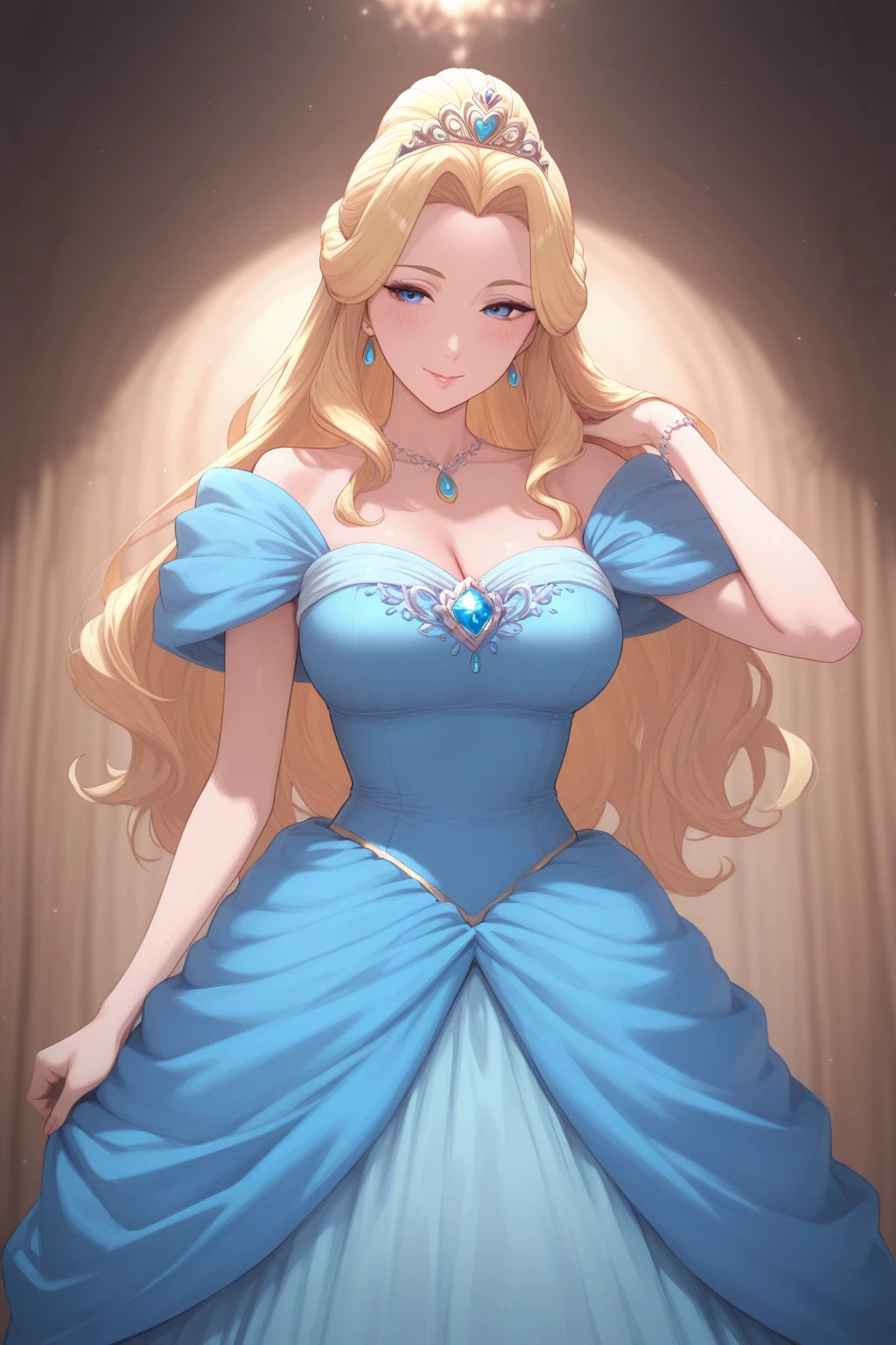((Best quality)), ((Masterpiece)), (detailed), 1 girl in, Middle Ages, 26 years old, Alone, Aesthetic art, beautiful face, hourglass figure, Sweedish, golden blonde wavy hair, Shoulder length hair, bright blue eyes, some small freckles, pale skin, (Textured skin, skin pores: 1.1), large breasts, buxom chested, tight blue dress, off shoulder, cleavage, diamond tiara, blue heels, high resolution, (ultra-detailed), (best illustration), (best shadow), (absurdres), (perfect hands, perfect ???????), (4k textures), epic artistic, sharp focus, even lighting, insane details, intricate details, hyperdetailed, rich colors,
