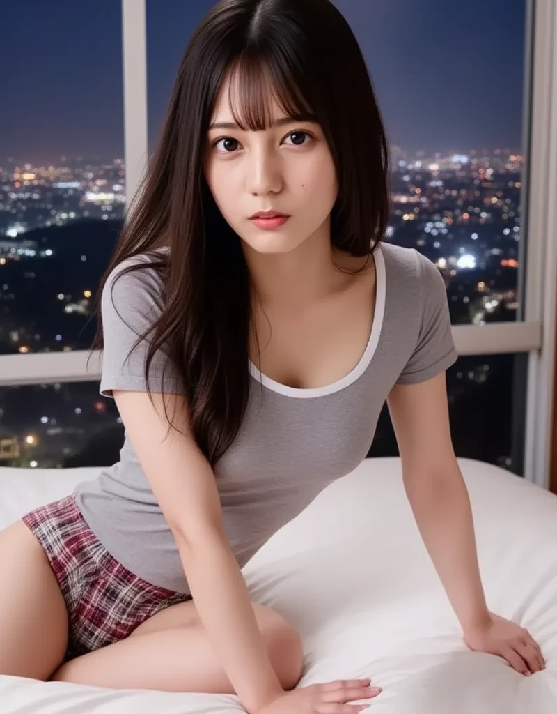 (8K, Best Quality, Masterpiece: 1.2), (Realistic, Photorealistic: 1.37), Super Detail, Japan People, Women, Beautiful Women, Best Style, Beautiful Legs, Sitting on the Bed, Bob Hair, Show Panties, Front, Fashionable Shirt, Fashionable Shorts,