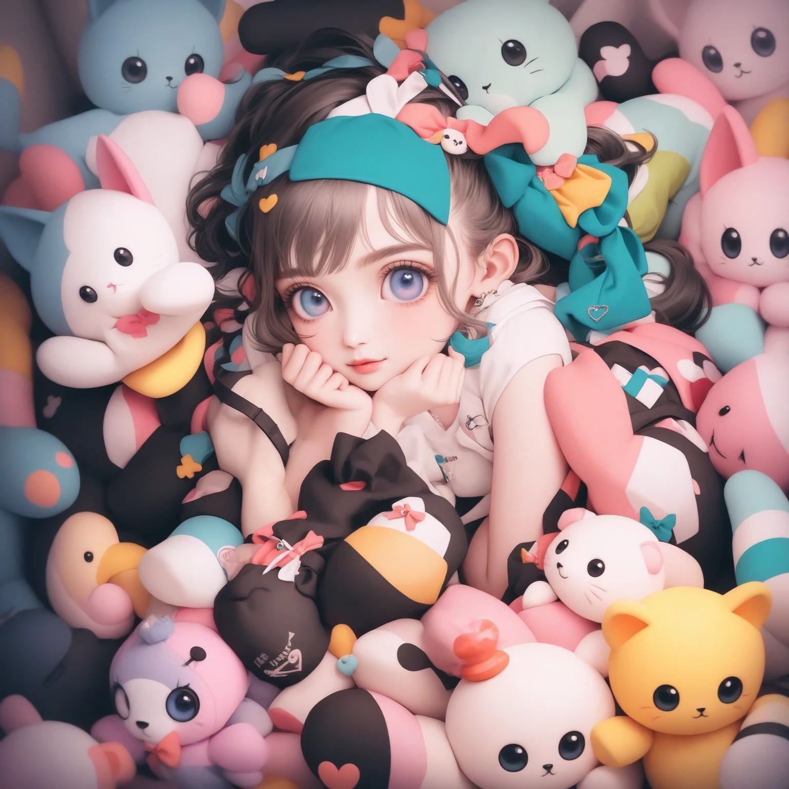 Q version of cute beautiful girl,Dumb cute,duck sitting,(Big eyes),Small mouth,(((with short black hair,Braid))),looking at me,(JK school uniform,Meticulous portrayal),((Figures,blindbox)),((Colloidal material,crystal-clear,Good light transmission)),(Disney style),high qulity,high detal,(super-fine),16K resolution,(Overlooking),(Macro lens),((Works of masters)),((Full body like)),((solid color backdrop)),pink lighting,(((Round thick base:1.3,Graphical model basics))),(Ray traching),((Blue and purple majority))