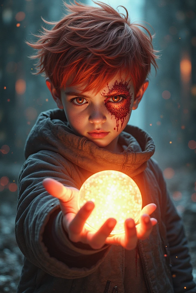 In the midst of a burning Winterfell, under a relentless snow-filled sky, stands a Targaryen boy. He is completely bald, with piercing violet eyes that glow with intensity, matching the flames surrounding him. The boy is shirtless, exposed to the biting cold, yet seemingly unaffected by it. Blood trickles from his eyes, blending with the falling snowflakes, creating a haunting image of both pain and power.
A strange aura of fire surrounds his body, with flames licking at his skin without causing harm, as if he is one with the fire itself—a true son of the dragon. He holds three dragon eggs in his hands, their smooth surfaces glinting ominously in the light of the burning castle. The scene is medieval and apocalyptic, with the destruction of Winterfell serving as a dramatic backdrop to the young Targaryen’s strange and powerful presence.