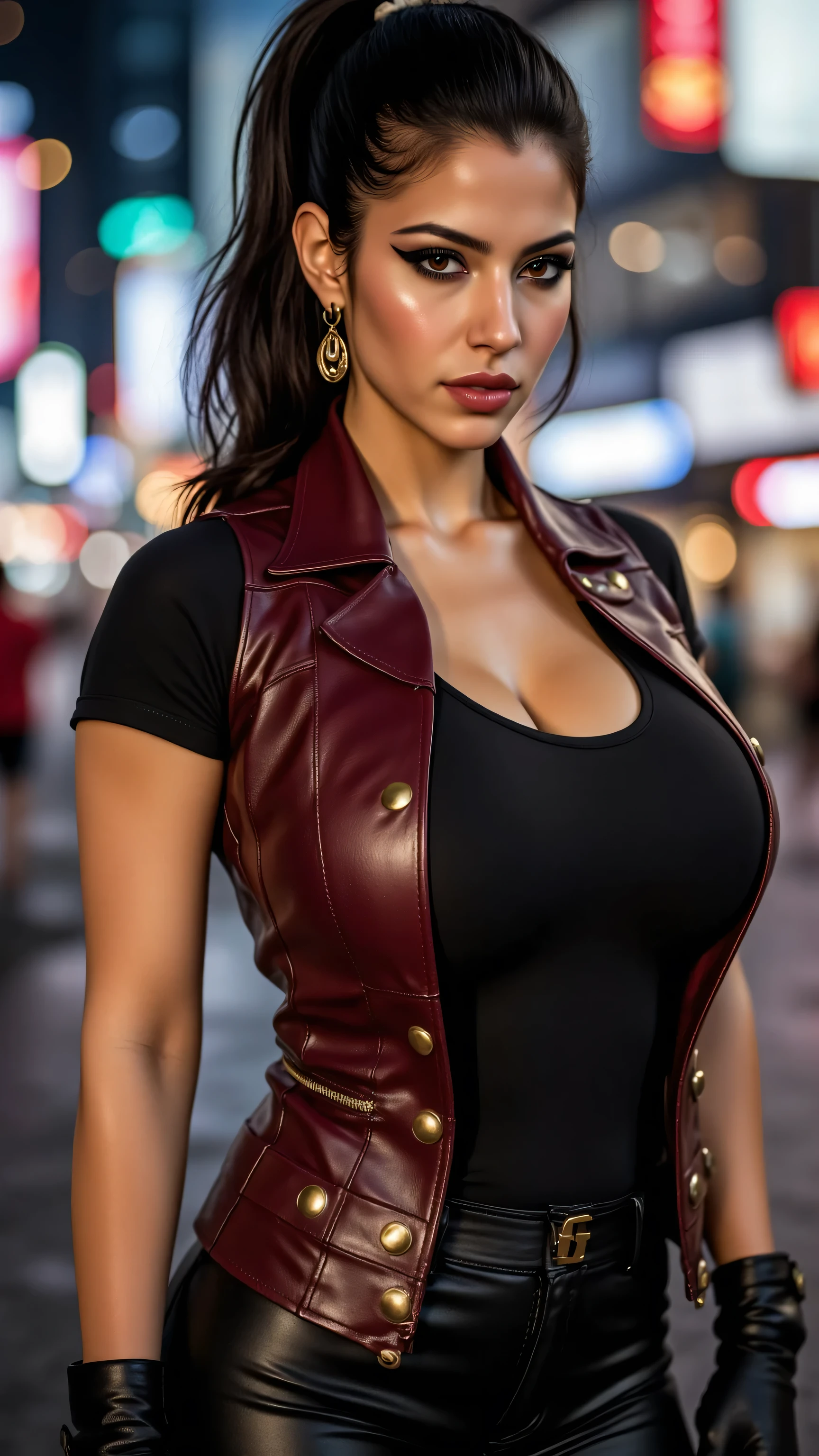 (masterpiece, photorealistic, extremely intricate), (photon mapping, radiosity, physically based rendering, ultra resolution, hyper-realistic, 8K), 19year female, muscular athlete, she's a street samurai fist-fighting champion sarcastic aloof expression, head tilted, she has on a black t-shirt worn under an unzipped maroon leather vest, gold rivets, she wears black leather pants, dynamic fighting pose, earrings, elegant, long eyelashes, heavy dark makeup, black lips, pale skin, blackout eyeshadow, background darkness, night-time, futuristic neon cyberpunk city street, overexposed professional photograph, glossblack spiked hair mohawk, bokeh, blurry background, interaction, metal reflections, dark eyes, blackout eyeshadow