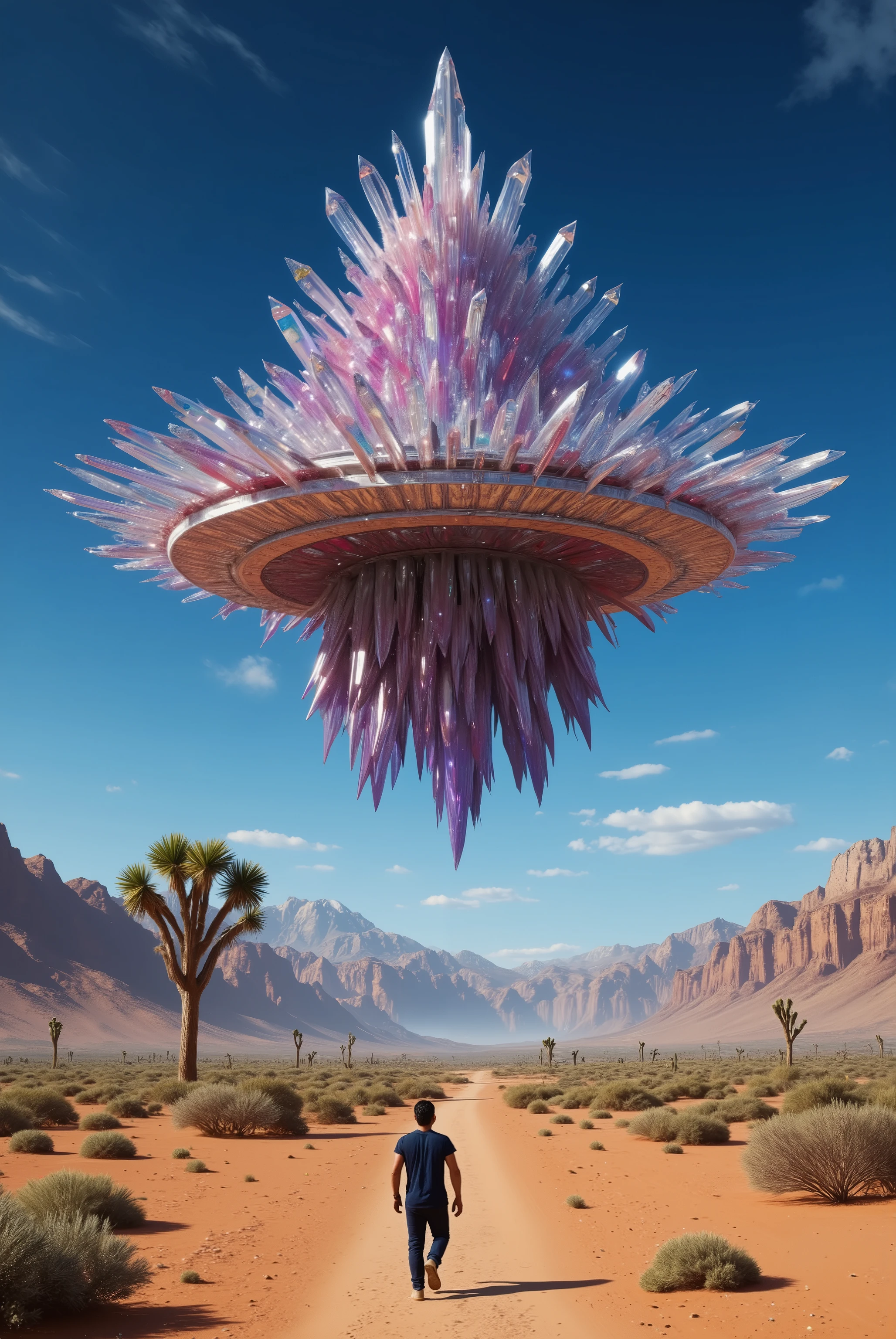 A fantastical scene unfolds in an arid desert landscape with rugged mountains in the distance.A UFO with hundreds of quartz crystals protruding from the top and bottem. Dominating the sky, a hovering structure composed entirely of shimmering crystals, varying in hue from deep purples and vibrant pinks to ethereal blues. The crystals' tips point skyward, catching and refracting the sunlight in spectacular iridescence. Beneath this hovering crystal formation, a lone figure strolls along a sandy path. The individual, likely a male, is dressed in dark attire, providing a stark contrast to the bright and mystical colors of the crystals. Surrounding the scene are scattered clusters of bushy desert vegetation and the iconic silhouettes of Joshua trees, adding to the surreal atmosphere. The sky is a clear, desaturated blue, with wispy clouds accentuating the otherworldly feel of this desert expanse. The overall mood is one of awe and mystery, evoking a sense of exploration of a remarkable and alien world.