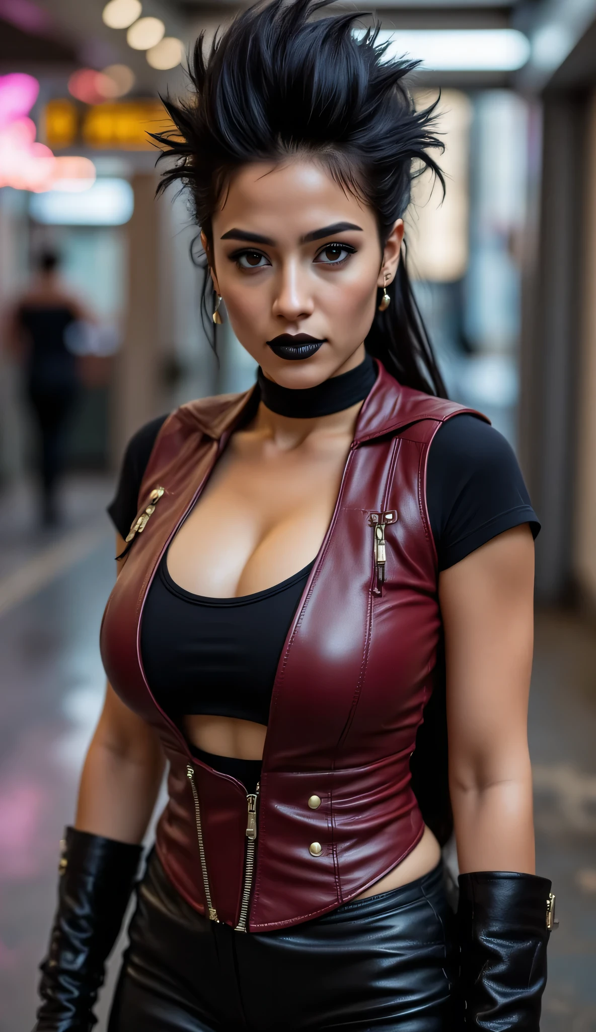 full body photo of Ariel Winter wearing leather biker gear, (unzipped jacket), cleavage, lipstick, makeup extremely high quality RAW photograph, detailed background, intricate, Exquisite details and textures, highly detailed, ultra detailed photograph, warm lighting, artstation, 4k, sharp focus, high resolution, detailed skin, detailed eyes, 8k uhd, dslr, high quality, film grain, Fujifilm XT3,