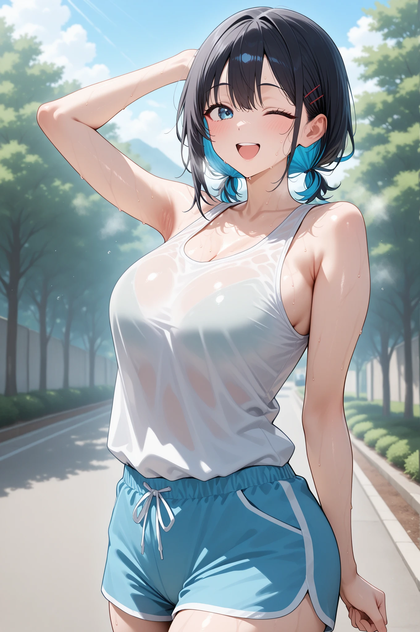 1girl in,Navy blue bob hair,Navy green eyes,Cute,blush, medium breasts, running, white sports bra, morning, park, sweat