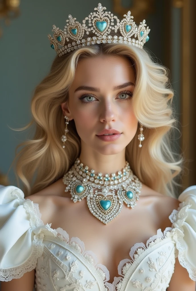 A stunningly beautiful blonde fairytale Princess shining con Royal Pomp y Regal Splendor, wearing a Stately y (((Elaborar))) Royal Cinderella Ballgown of Silver y White Brocade, con (((enormes mangas abullonadas))) un hueso rígido, padded y corseted bodice, una cintura de reloj de arena, a (((enorme falda de crinolina))) y (((bullicio))), adorned con ribbons, arcos, rosas, cordón, volantes, volantes, bordado, y jewels, elaborately curled y styled hair, guantes blancos largos, pearl y diamond neckcordón y earrings